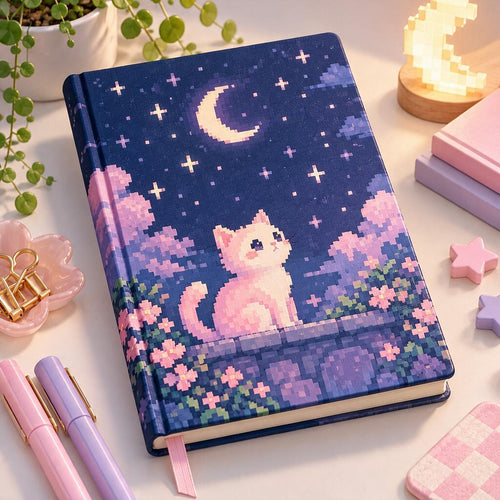Moonlit Pixel Cat Hardcover Journal — in use