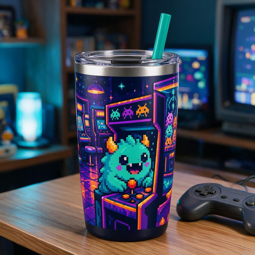 Pixel Arcade Monster Straw Tumbler — in use
