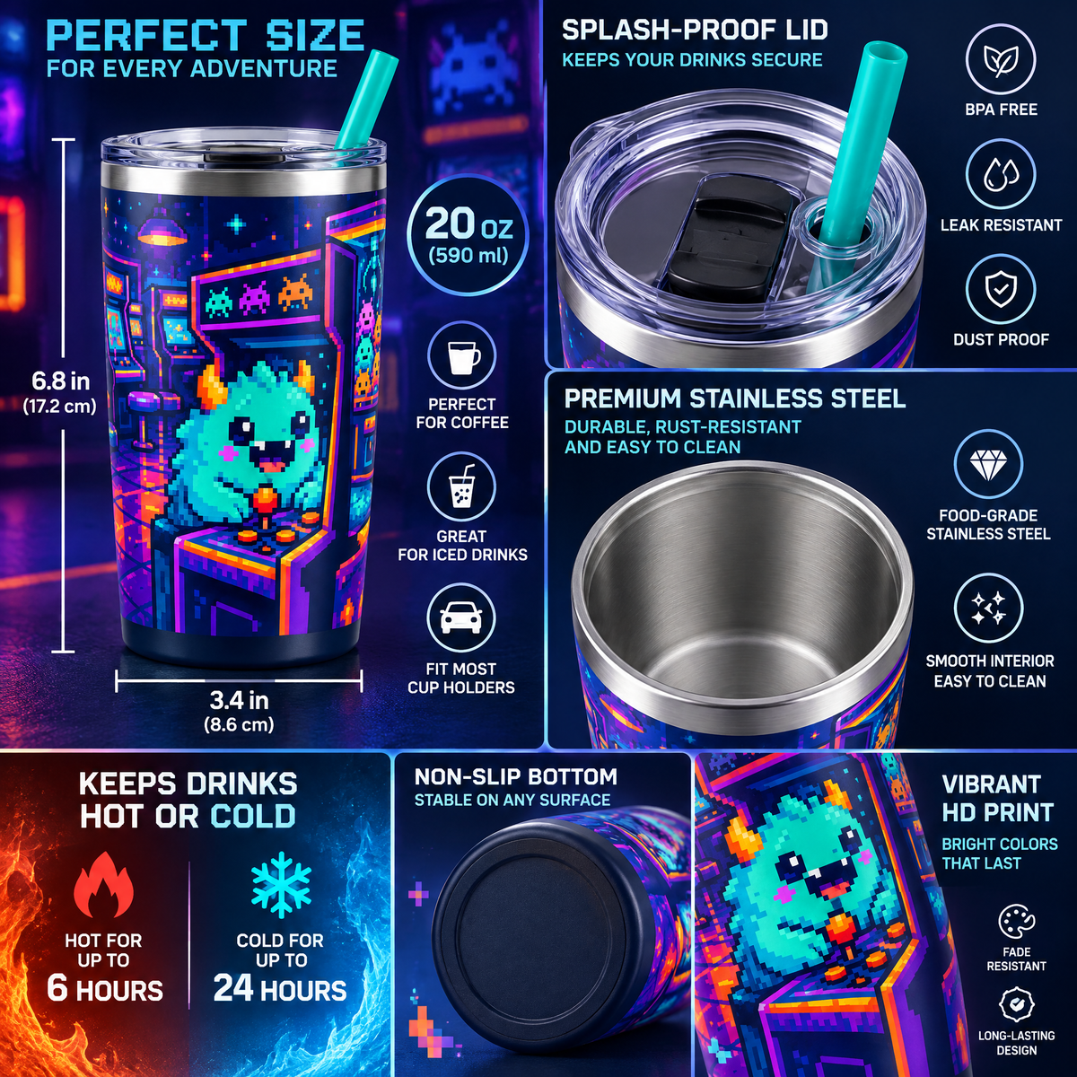 Pixel Arcade Monster Straw Tumbler — design details