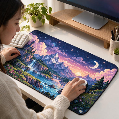 Pixel Fantasy Landscape Desk Mat — in use