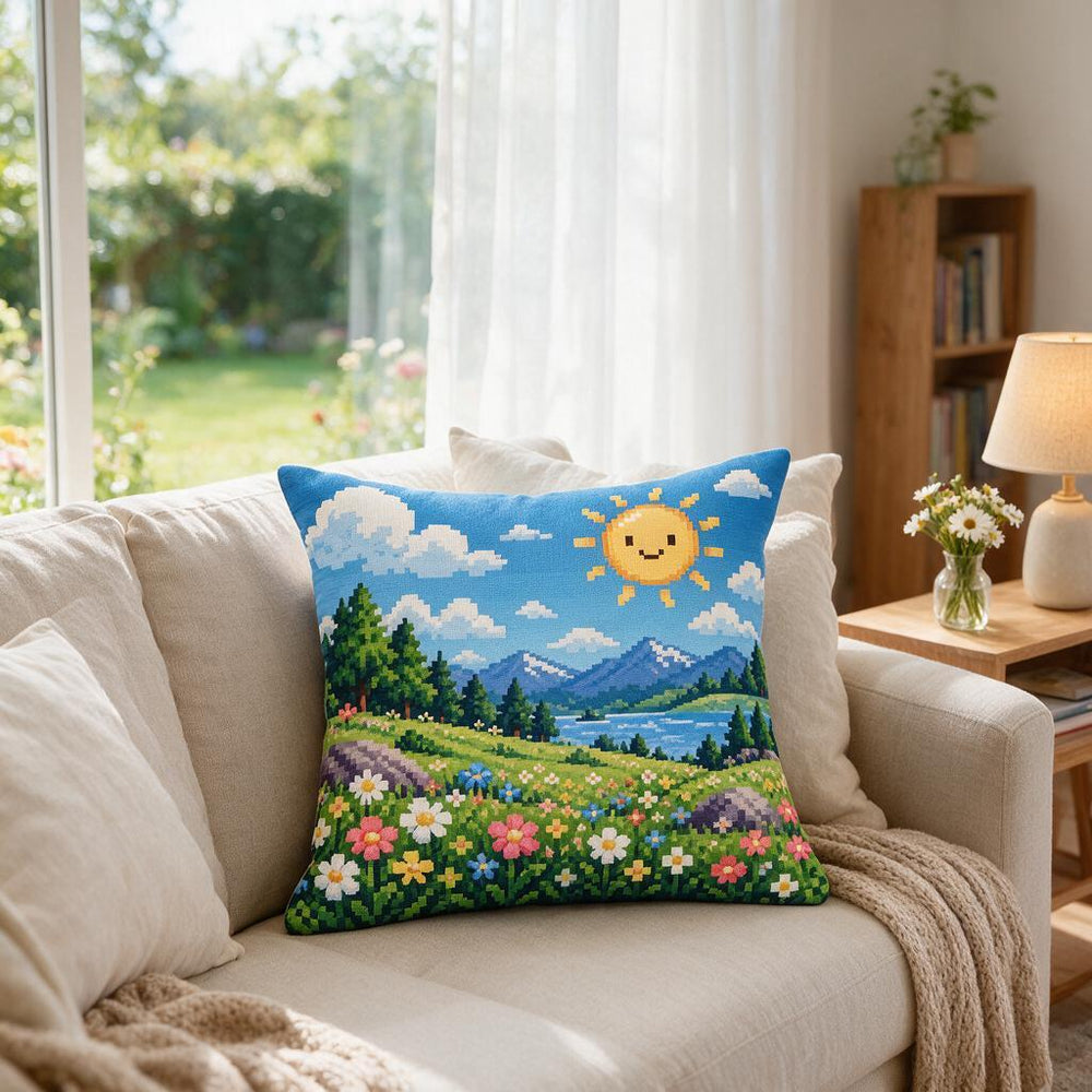 Pixel Sunshine Meadow Throw Pillow