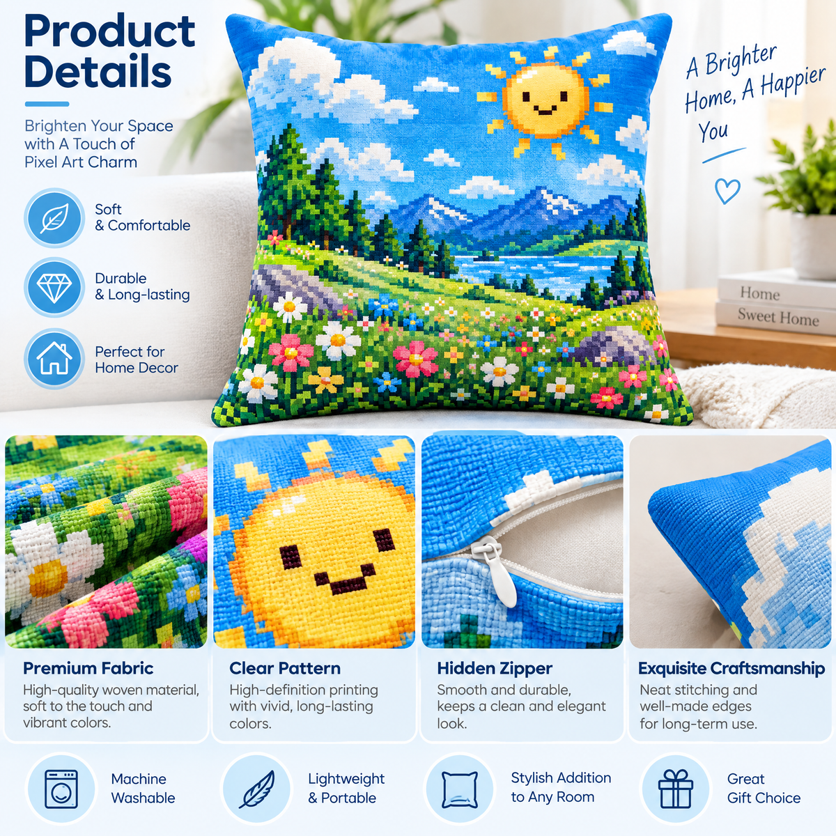 Pixel Sunshine Meadow Throw Pillow — design details