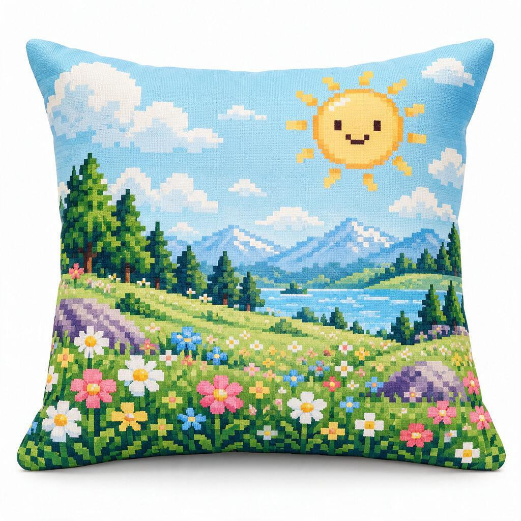 Pixel Sunshine Meadow Throw Pillow — additional design reference