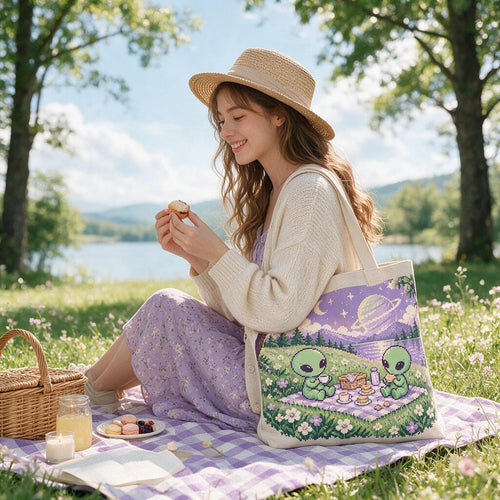 Pixel Alien Picnic Canvas Tote — in use