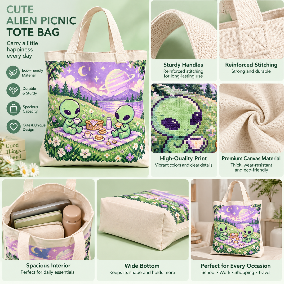 Pixel Alien Picnic Canvas Tote — design details