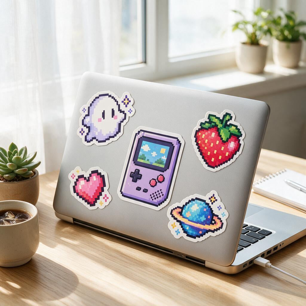 Retro Pixel World Sticker Pack — in use