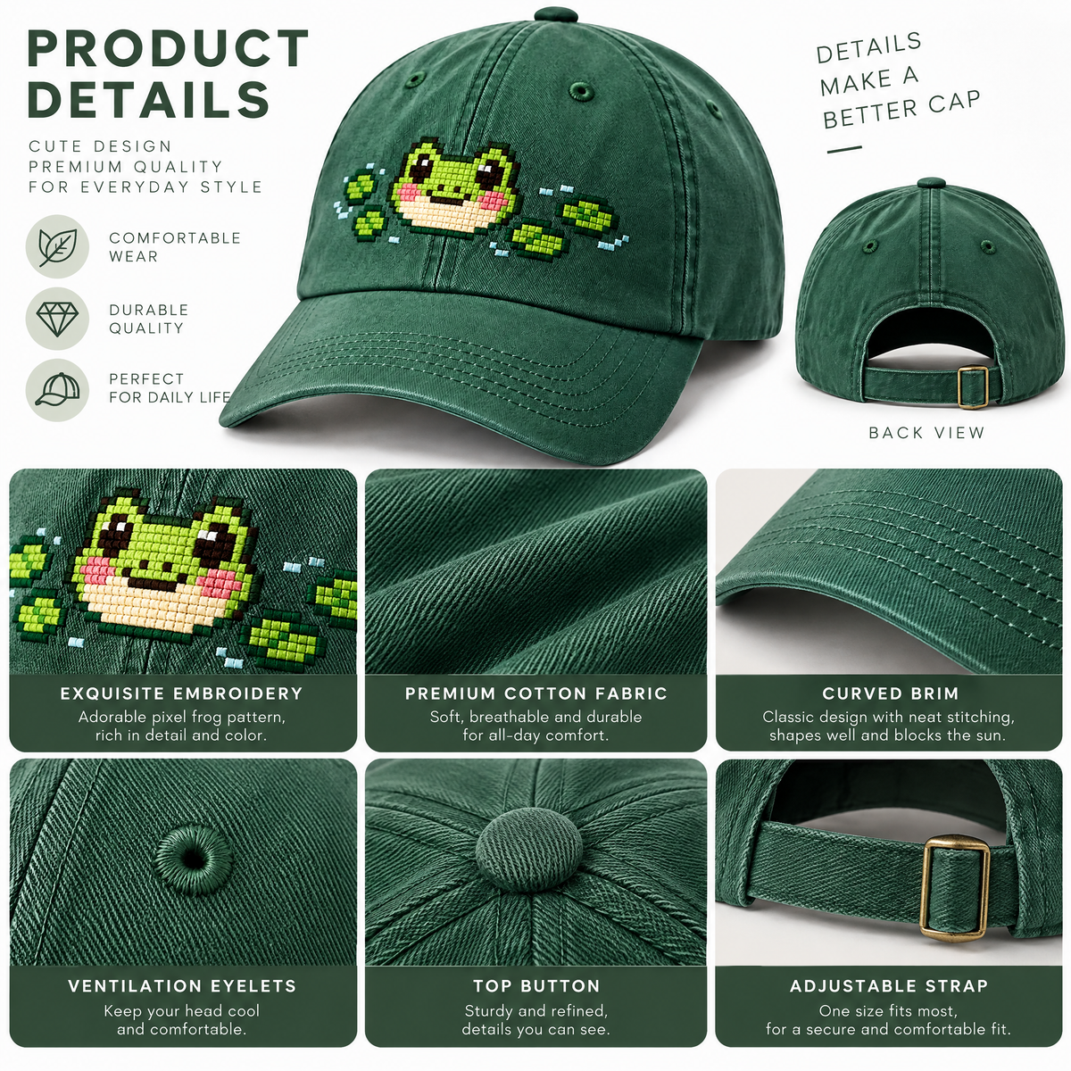 Pixel Frog Embroidered Baseball Cap — design details