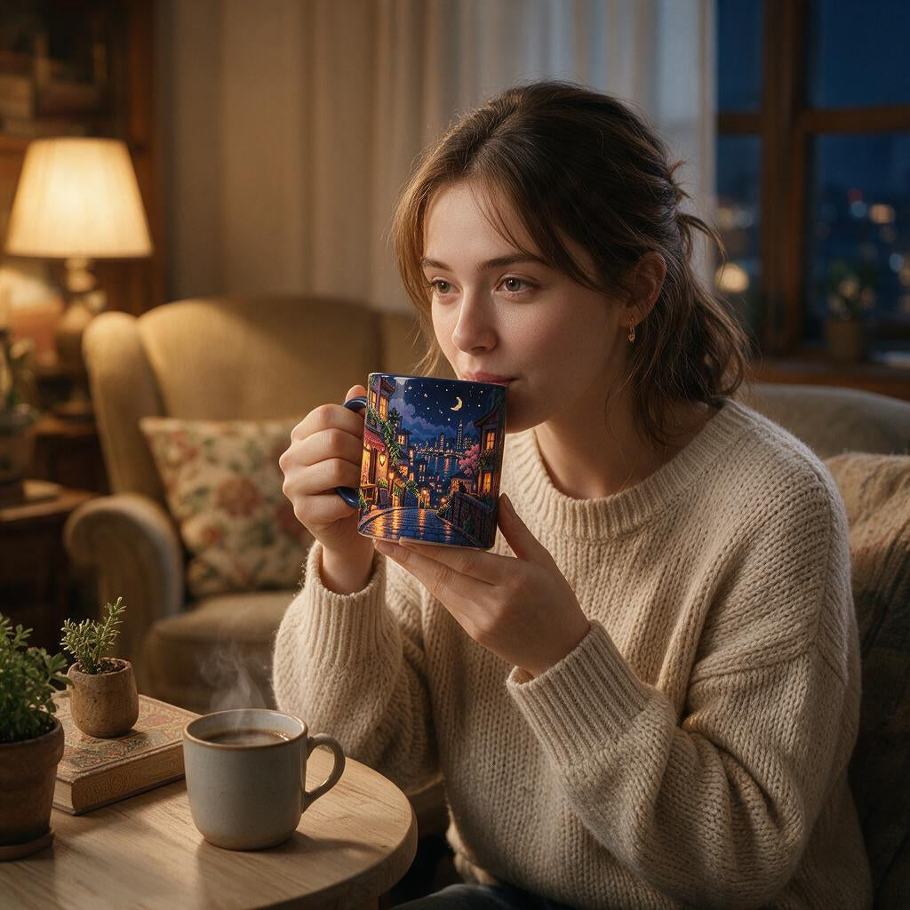 Pixel Night City Ceramic Mug — in use