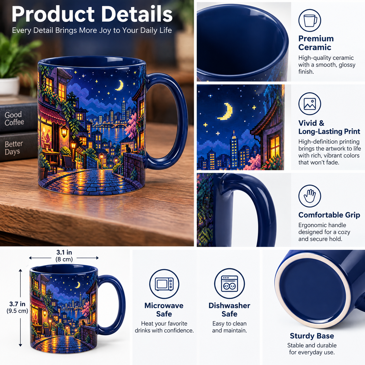 Pixel Night City Ceramic Mug — design details