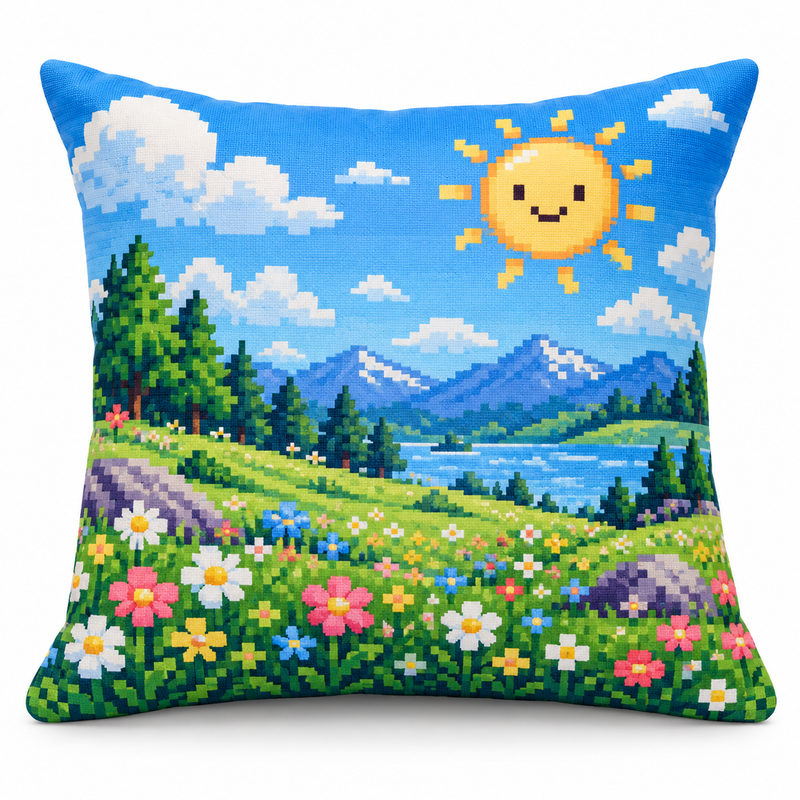 Pixel Sunshine Meadow Throw Pillow