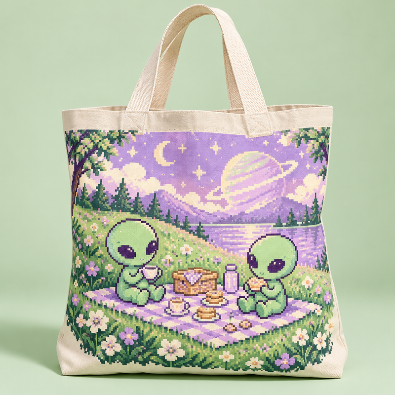 Pixel Alien Picnic Canvas Tote